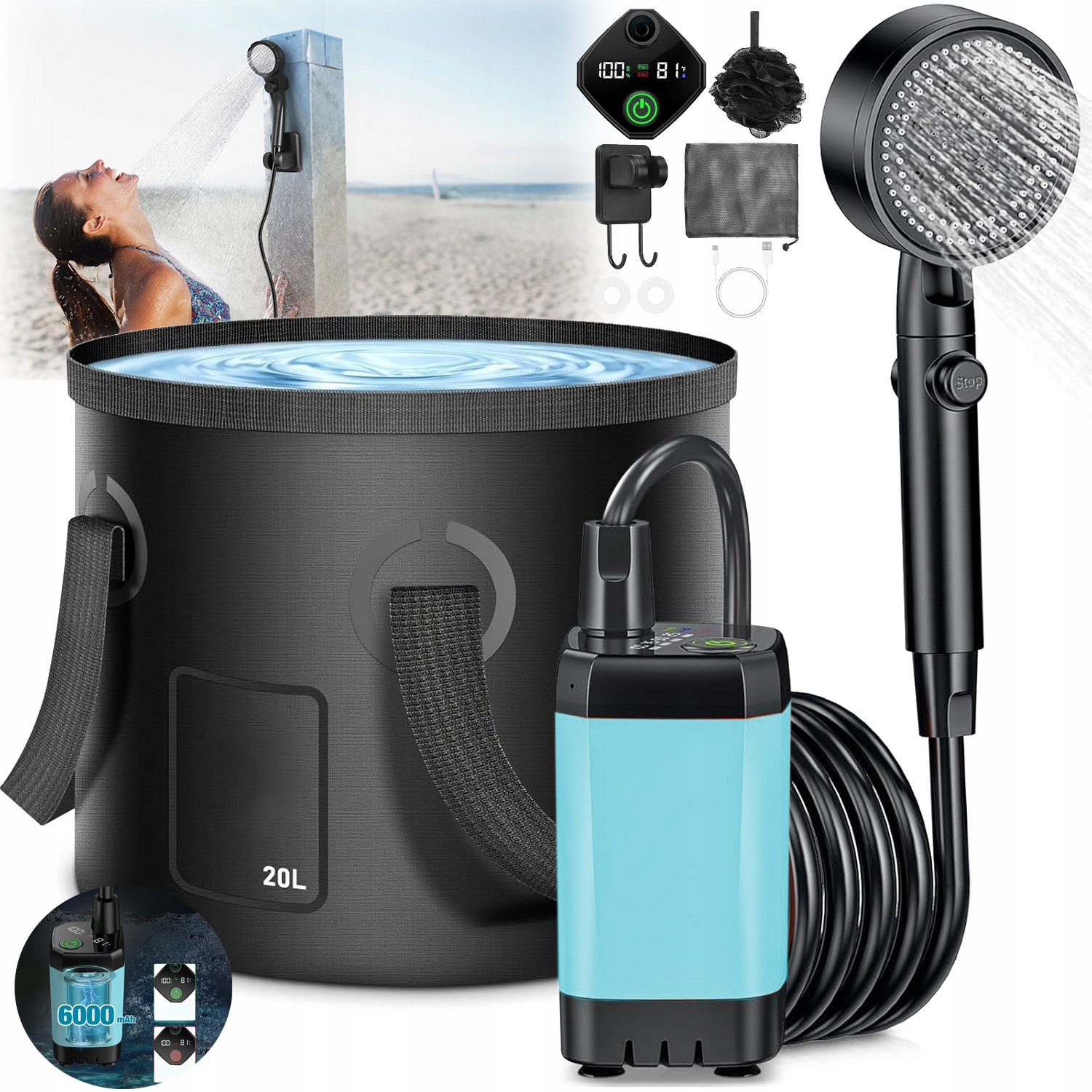 Prysznic Turystyczny Z Pompką Kempingowy Przenośny Z Składane Wiadro 20 L