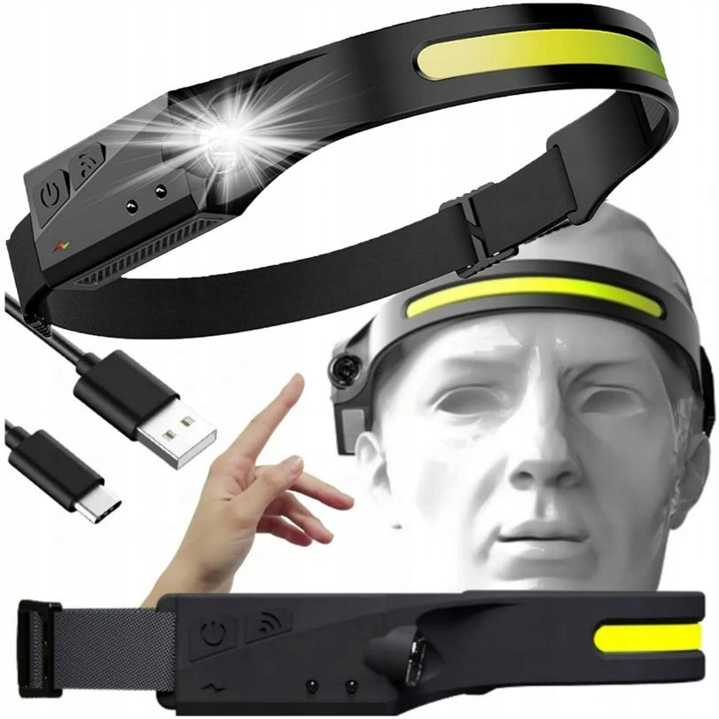 MOCNA LATARKA CZOŁOWA LED CZOŁÓWKA NA GŁOWĘ COB WODOODPORNA USB AKUMULATOR