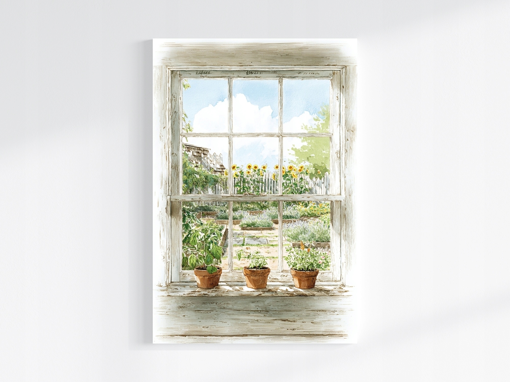 Obraz Na Plátně Canvas Okno Pohled Zahrada Květiny Slunečnice Bylinky 80x120