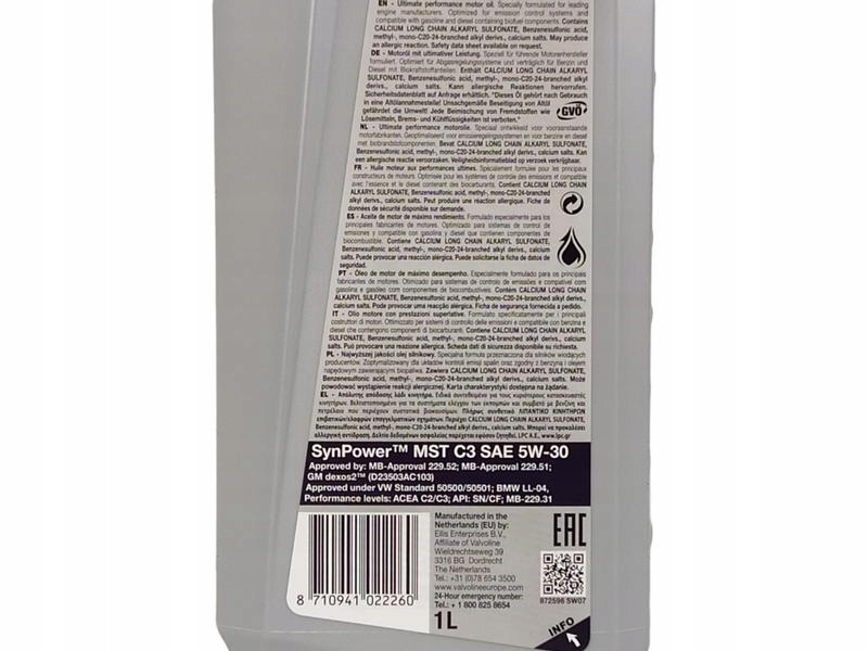VALVOLINE SYNPOWER MST C3 5W30 SN/CF DEXOS2 7L Producent Valvoline
