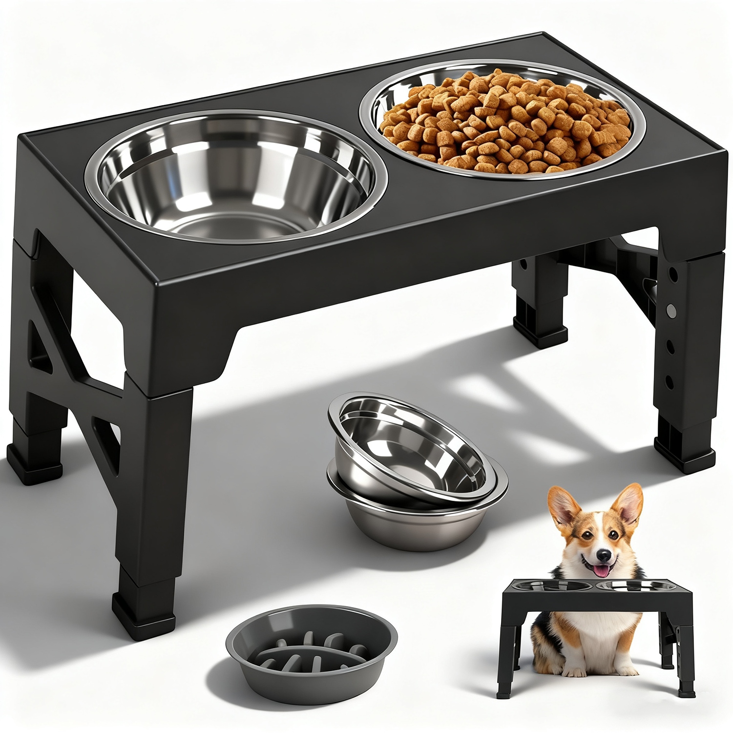 Levně Stojany Na Krmivo Pro Kočky A Psy, Miska Slow Food, Nastavitelná Výška