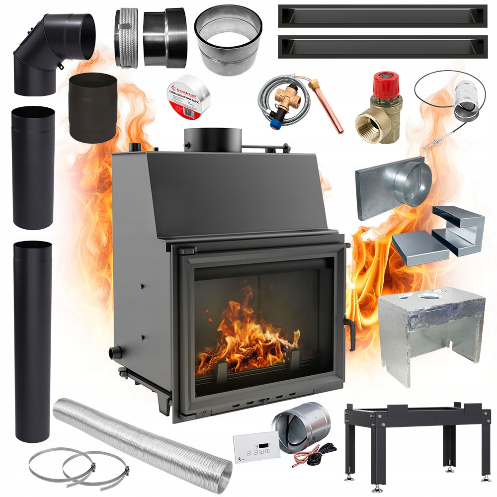 Wkład Kominek Płaszczem Wodnym KRATKI ZUZIA 12kW Żeliwny ZESTAW do MONTAŻU