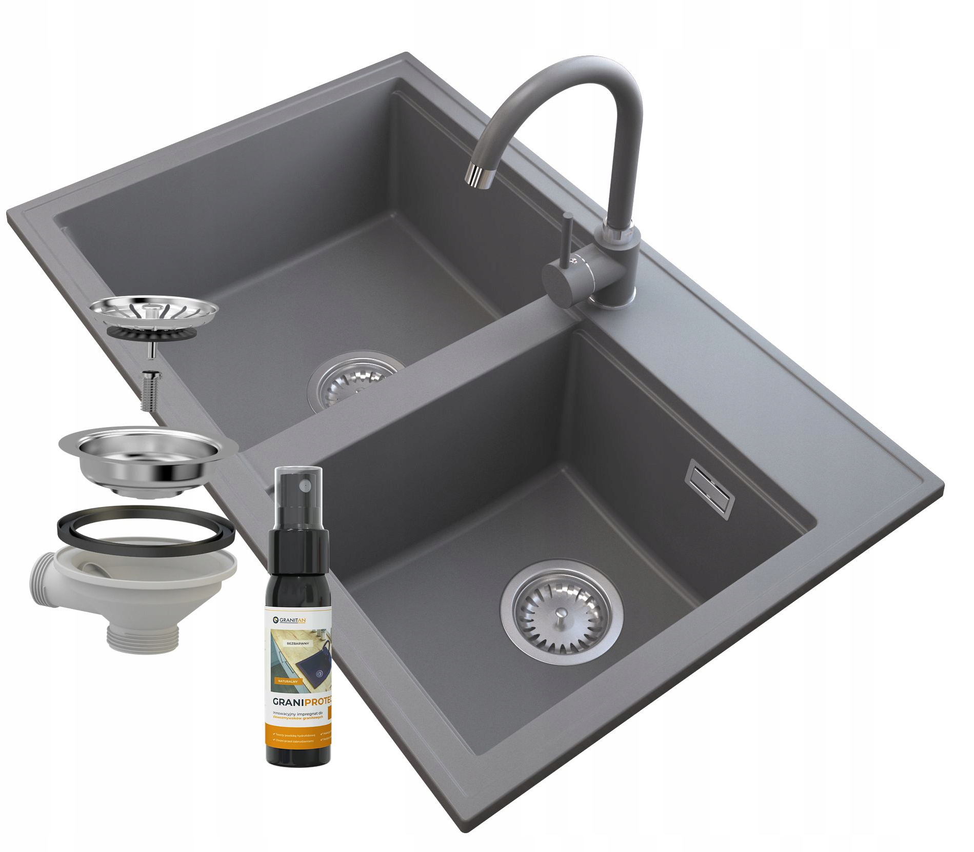 

Zlew Granitowy Szary Syfon Chrom Bateria Hektor