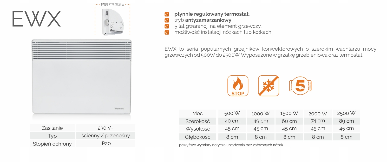 Elektryczny grzejnik naścienny WARMTEC EWX-500W