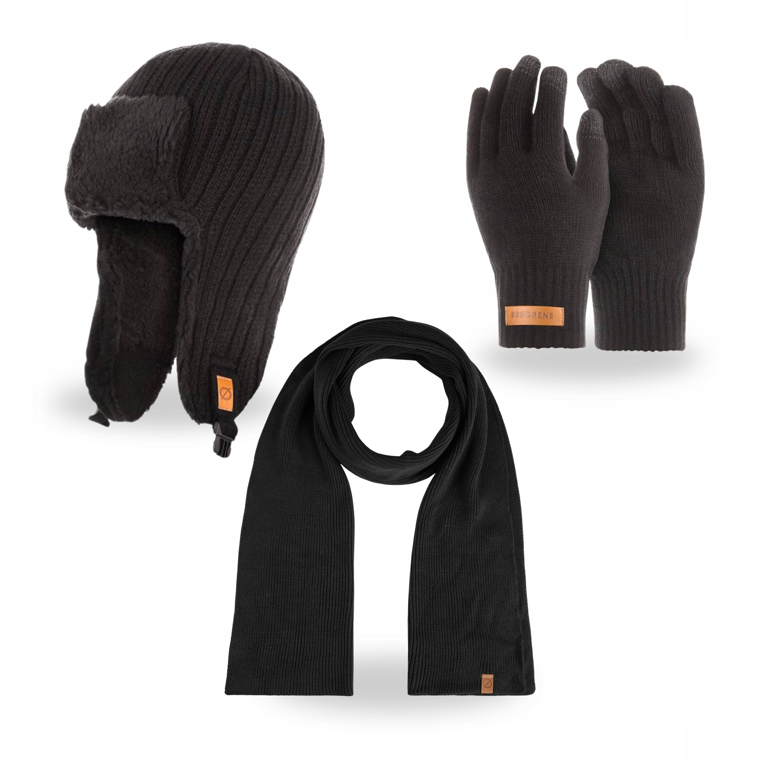 Pánský zimní set Čepice Ušatka Dlouhý šátek Rukavice Brodrene Černá