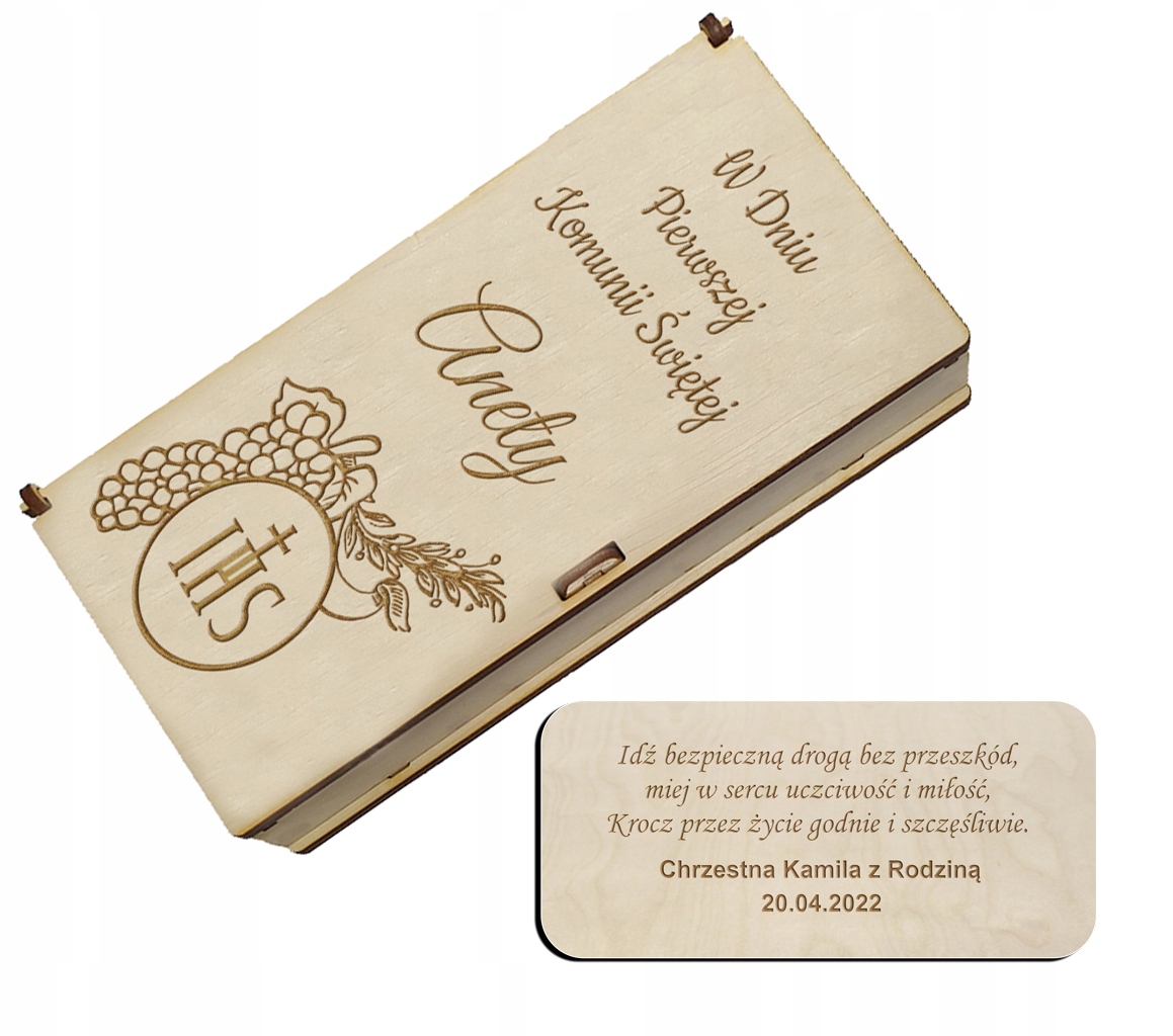 

Pudełko drewniane pieniądze życzenia Komunia