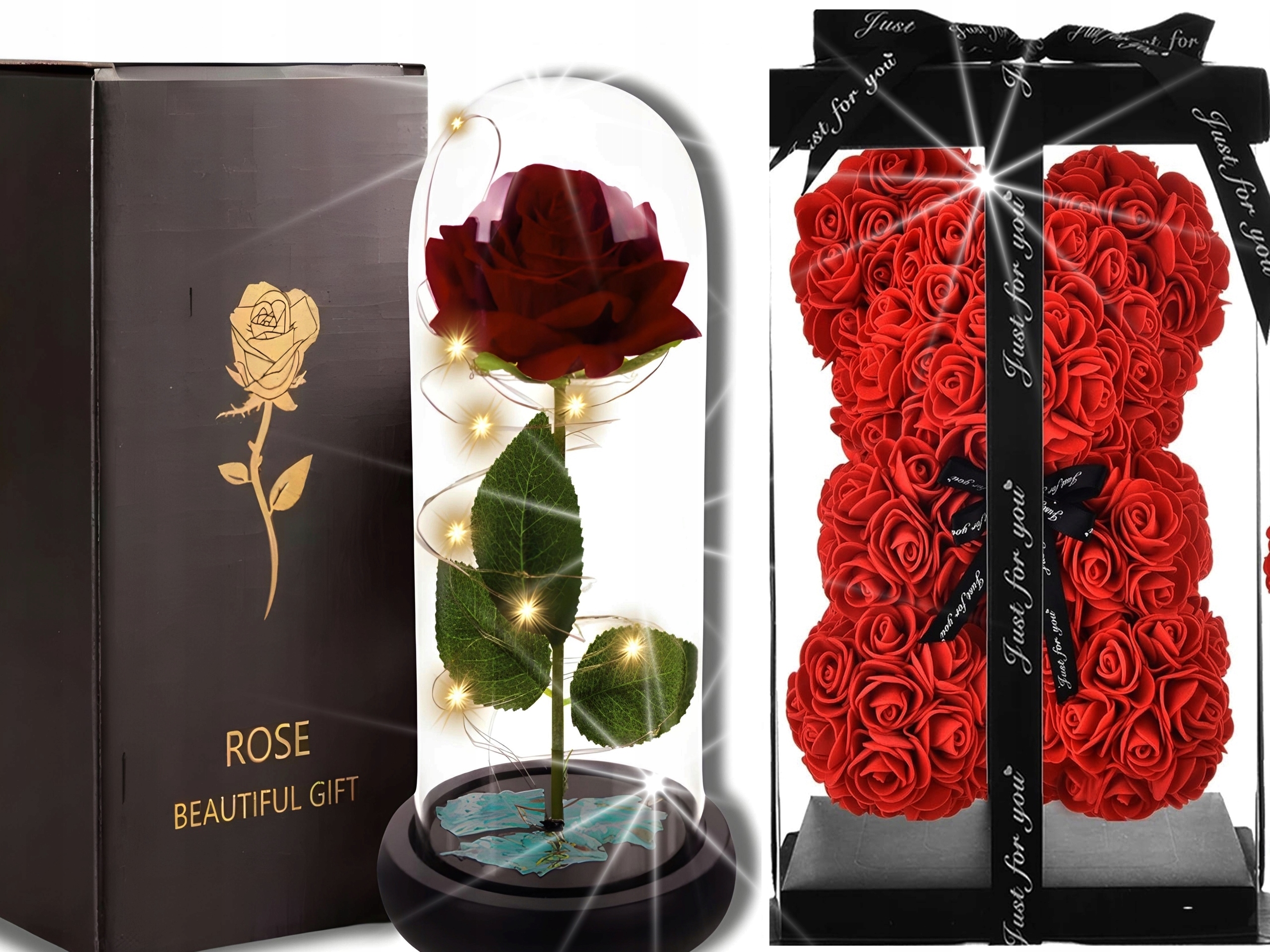 DUŻY MIŚ Z RÓŻ+WIECZNA RÓŻA W SZKLE+ŚWIECZKA ZESTAW PREZENT RÓŻNE OKAZJE Marka inna