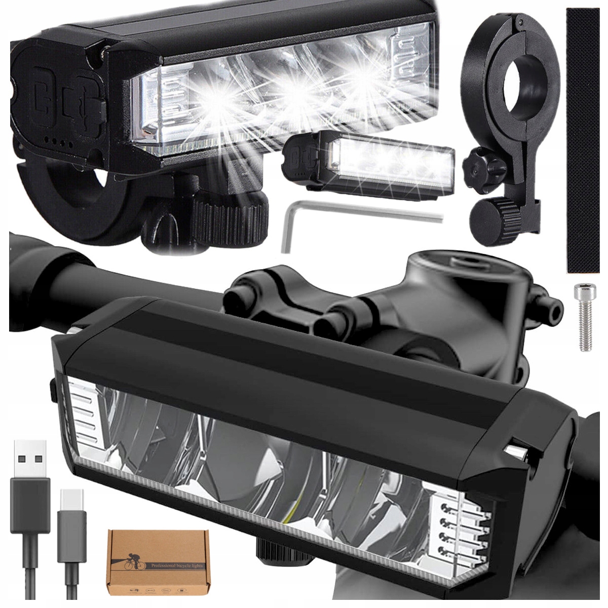 LAMPKA ROWEROWA PRZEDNIA NA KIEROWNICĘ OŚWIETLENIE LED AKUMULATOR USB 900LM Kod producenta R131