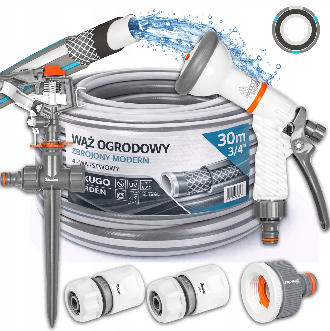 Hadice 3/4" 30 m 4 Vrstvy Modern Gun Zavlažovač Set Bradas