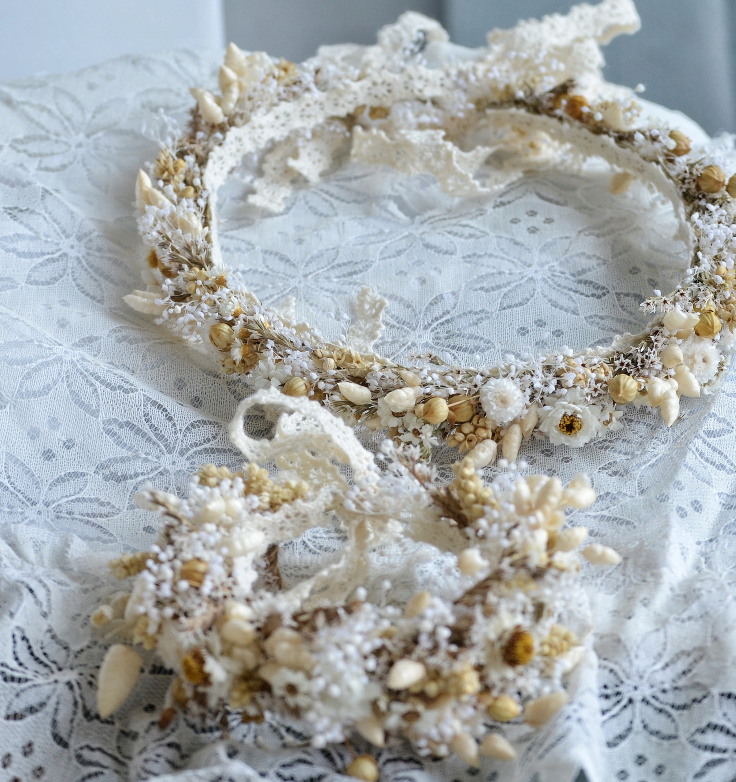 WIANEK na głowę suszone kwiaty Rustykalna kolekcja Naturalna + KORSARZ Kolor dominujący ecru