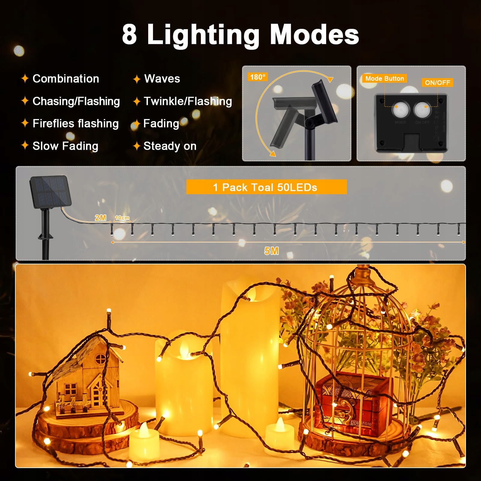 CSHARE Lampa Solarna 5M 50 LED IP65 do Ogrodu Tarasu — miniatura 5