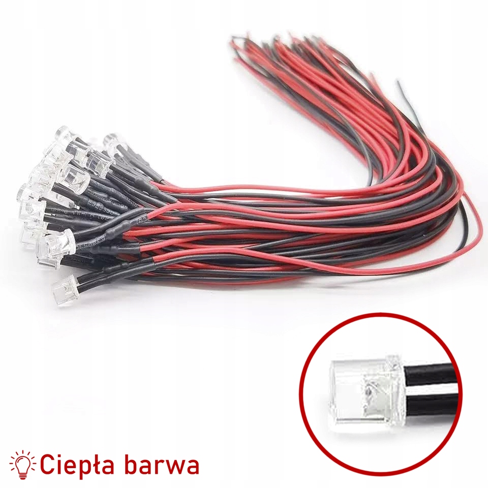 

Płaska dioda Led 12V 3 mm Rezystor ciepła barwa