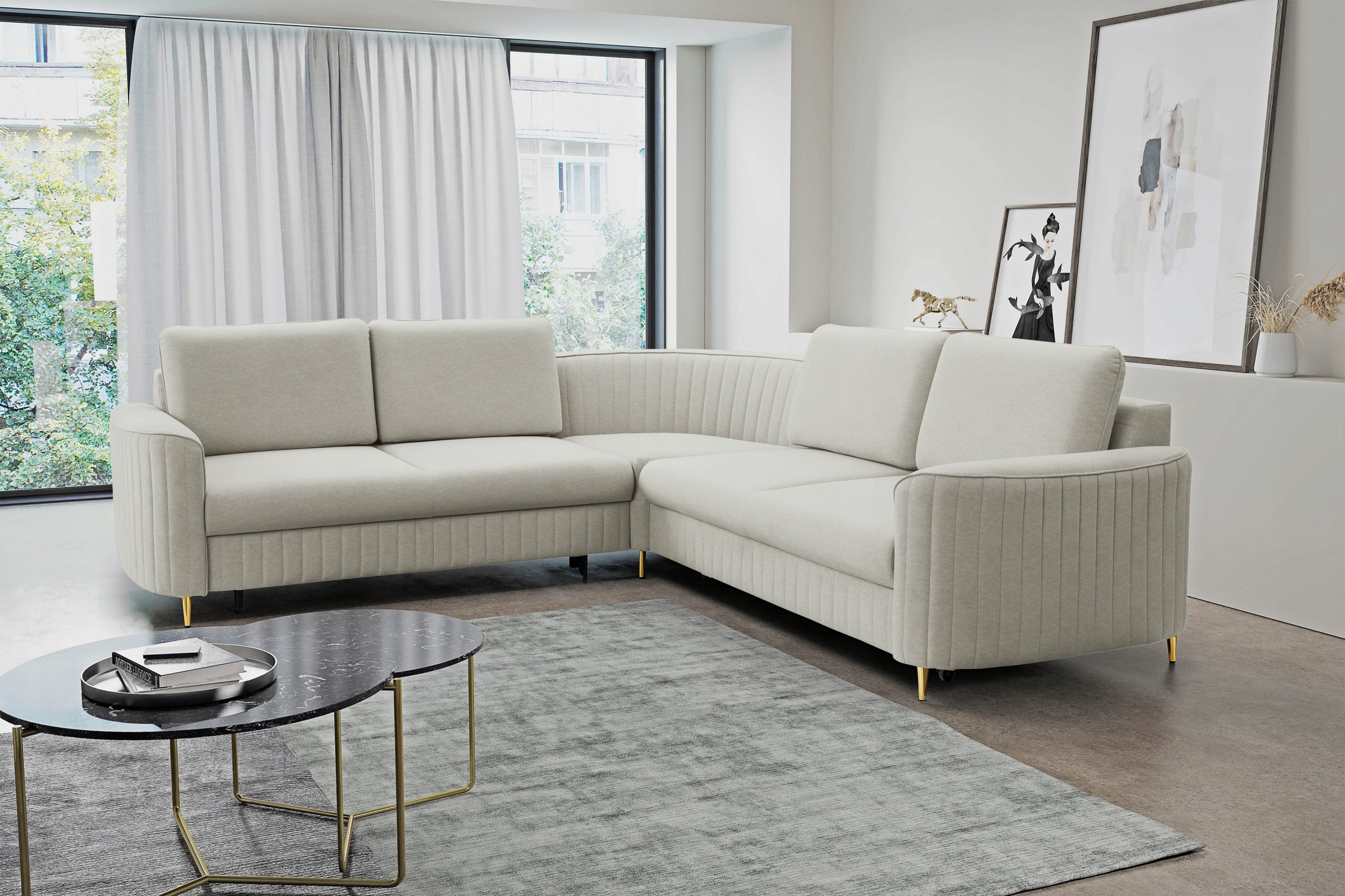 Rohová Sedací Souprava Vela Funkce Spania Moderní Velur Světle šedá