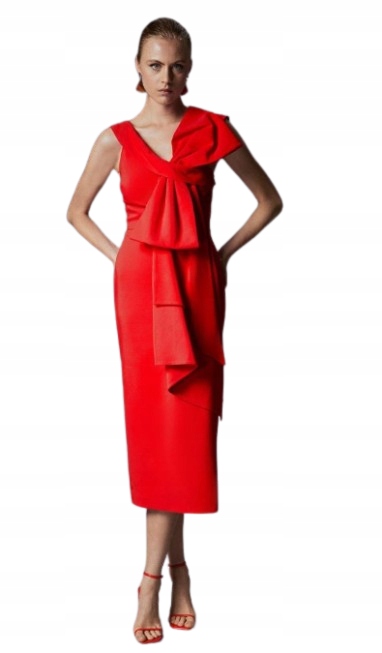 Karen Millen Červená Šaty MIDI S Výstřihem Do V A Mašličkou 38 B1F