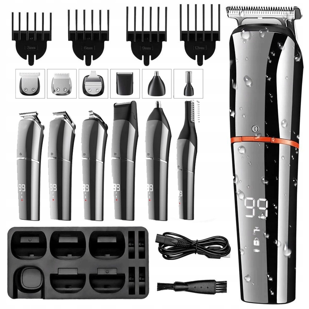 Profesionální pánský zastřihovač vlasů s 6 nástavci LCD Usb