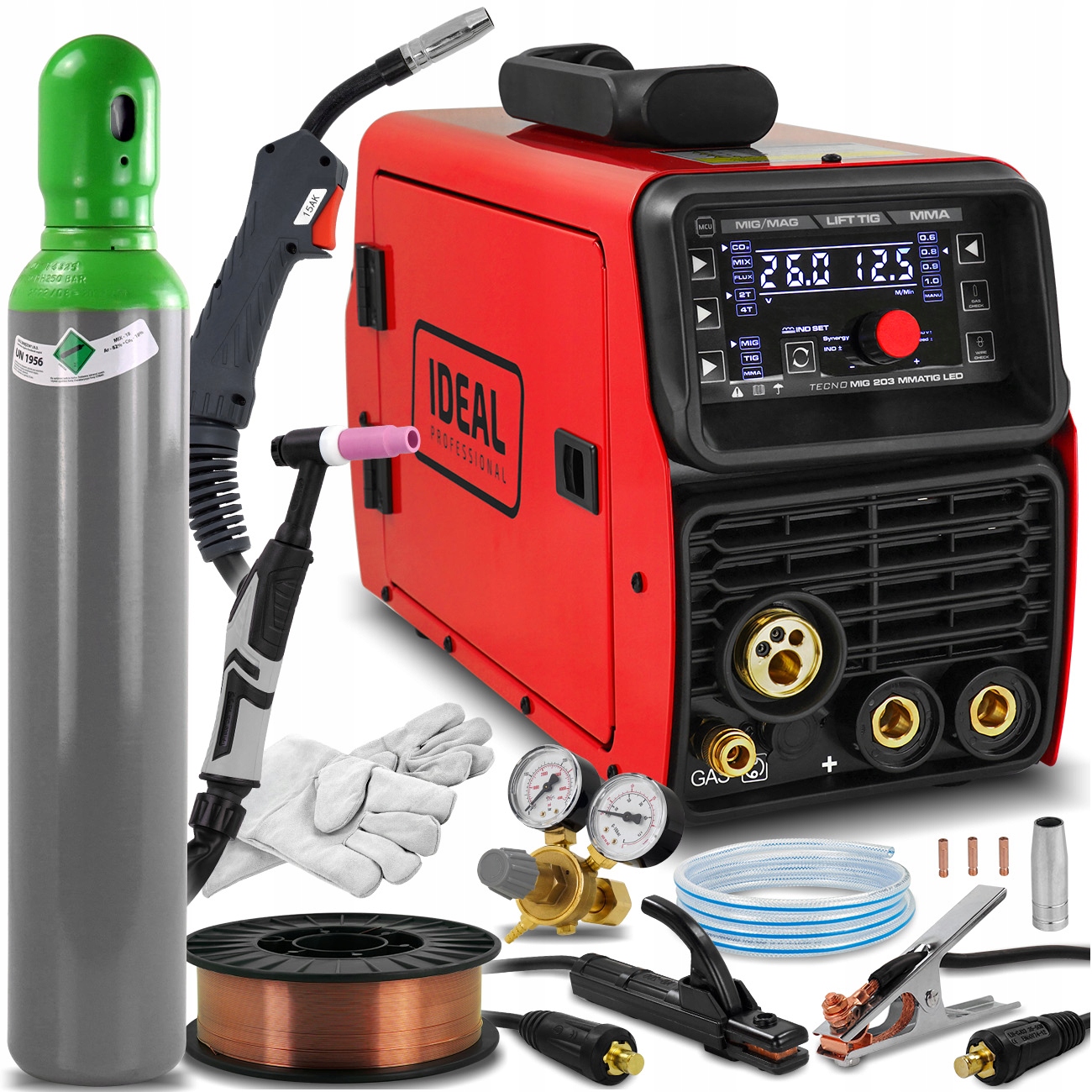 Spawarka inwertorowa Mig Mag Ideal Tecno Mig 203 Led Synergia zestaw 4w1