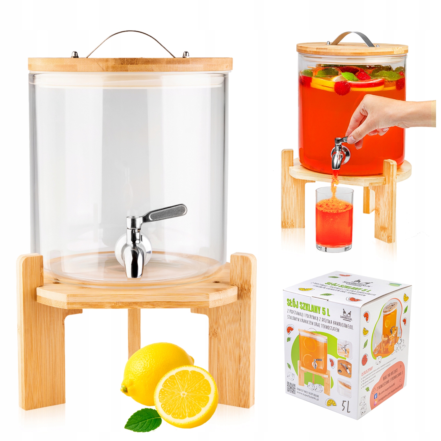 Nádoba s kohútikom 5 l, sklenená nádoba s kohútikom na stojane, džbán teplomer