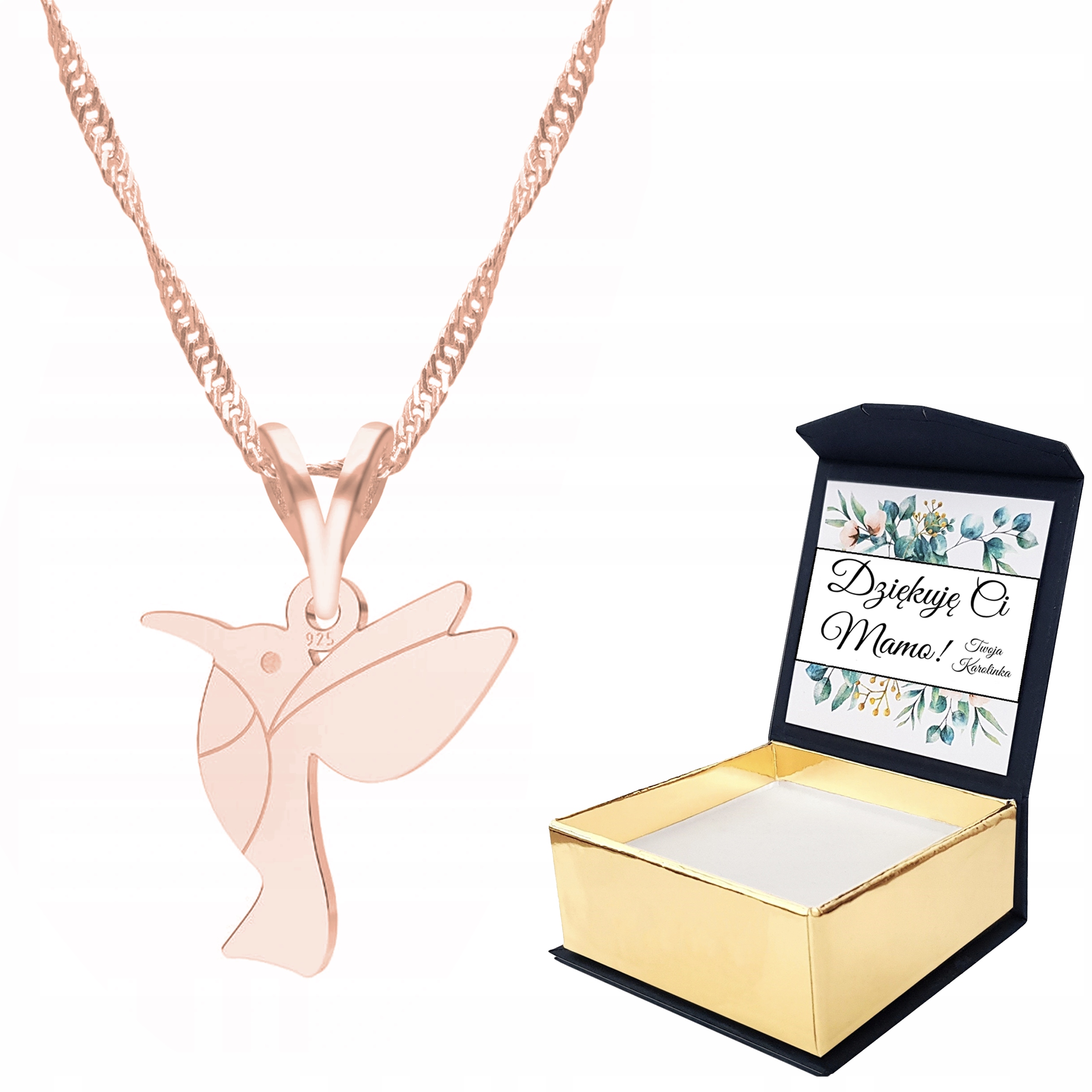 Náhrdelník růžové zlato ptáček kolibřík Vlastní Potisk