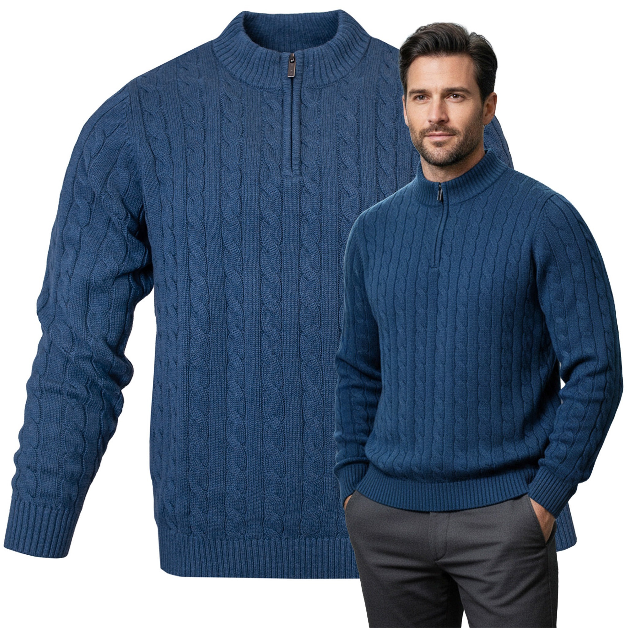 Pánský pologolfový svetr s rozepínacím zipem Modrý Bavlněný M Pako Jeans