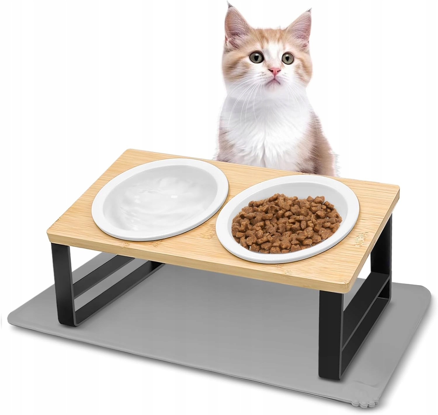 Levně Vyvýšené misky pro kočky a psy – bambusový stojan, nerezová ocel , 15°