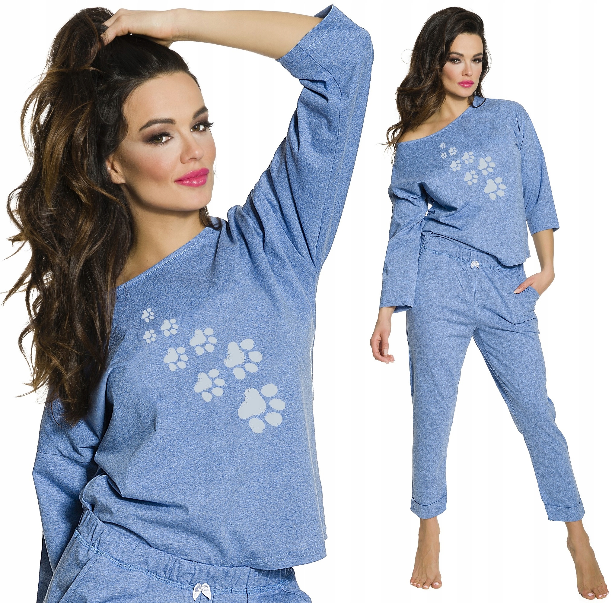 Sportowa Luźna Piżama Damska Długi Rękaw Łapki XL