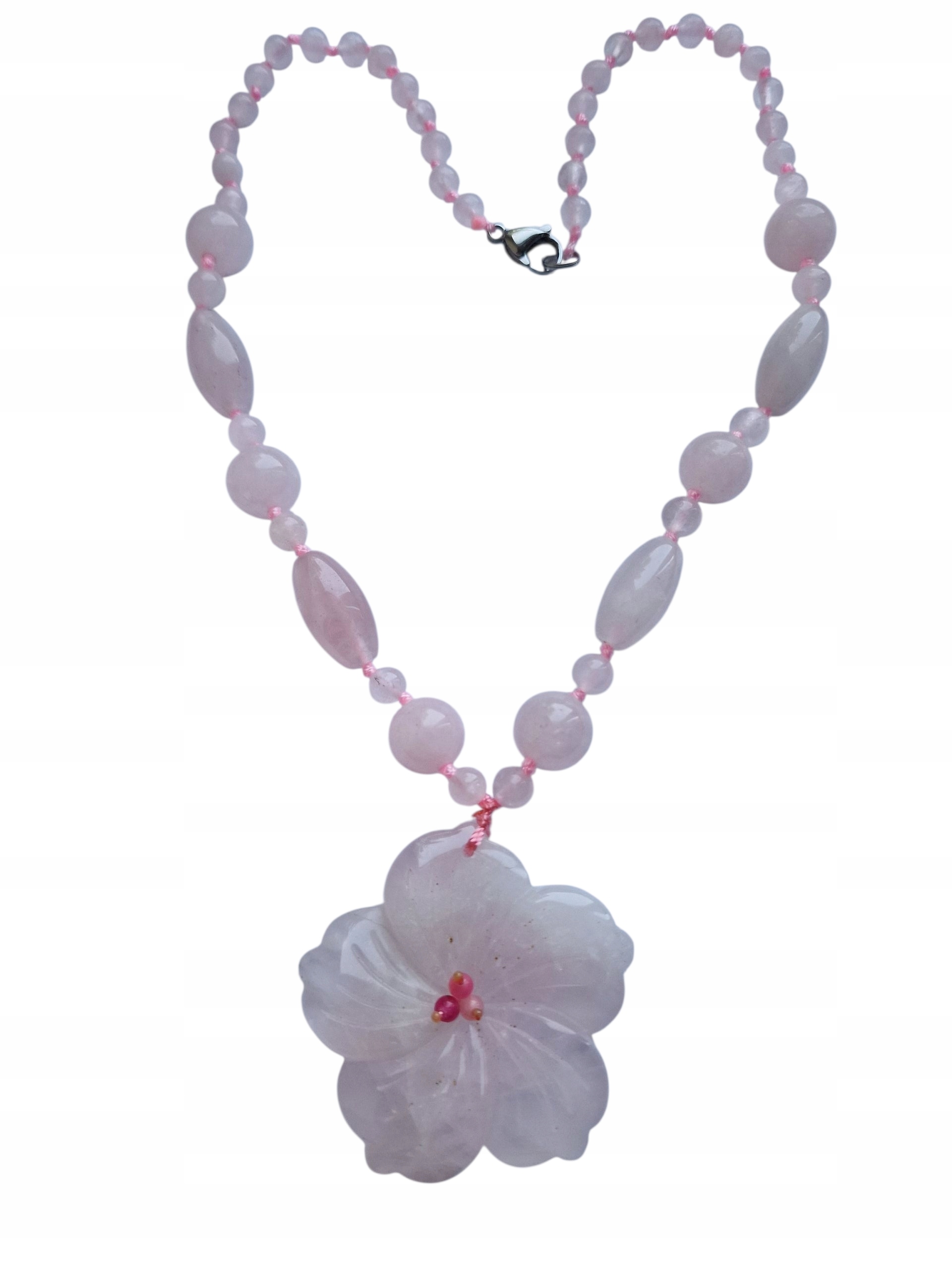 Vintage Růžový Křemenný Náhrdelník S Přívěskem Lotosového Květu Láska Dobrá Aura