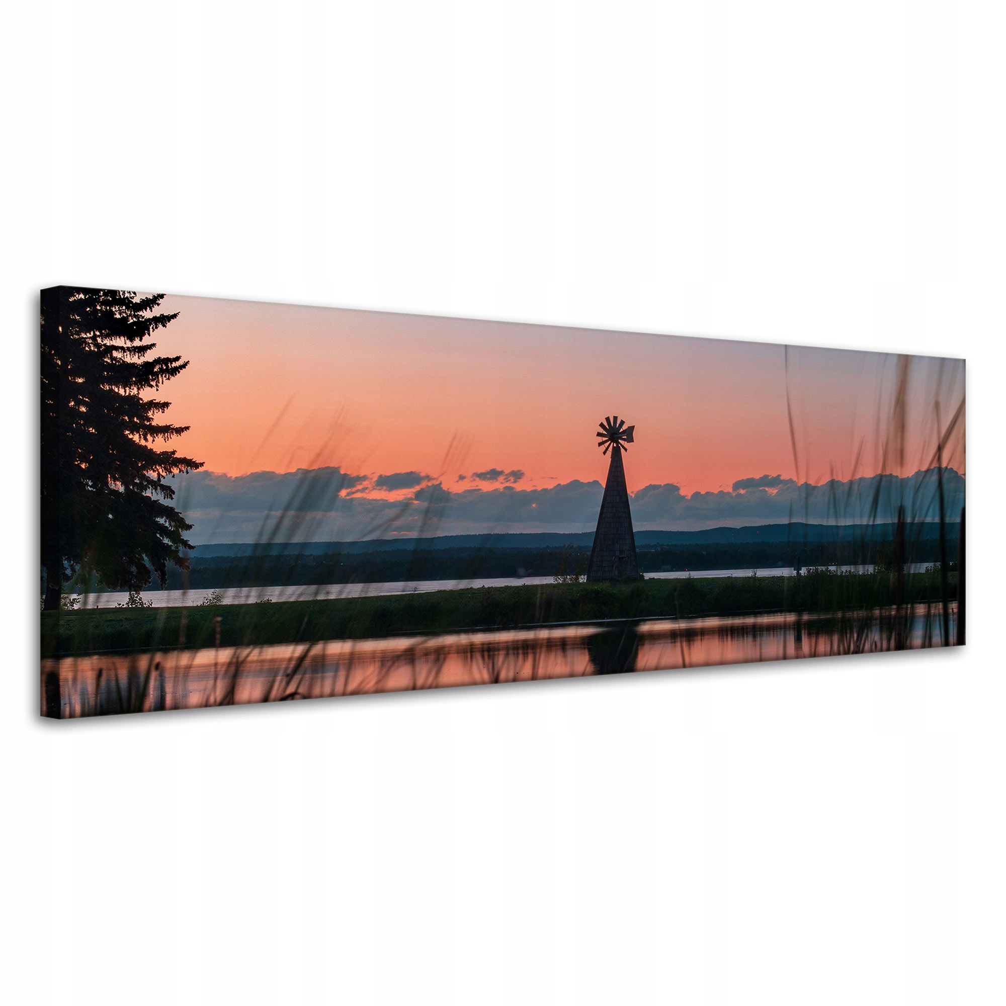 Obraz na plátně Větrný mlýn Nebe Příroda Západ Slunce Jezero Tráva 120x40