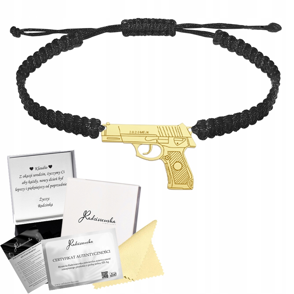 Zlatý náramek s pistolí Makramé 925 Dárek Žena Gravírování Bonus