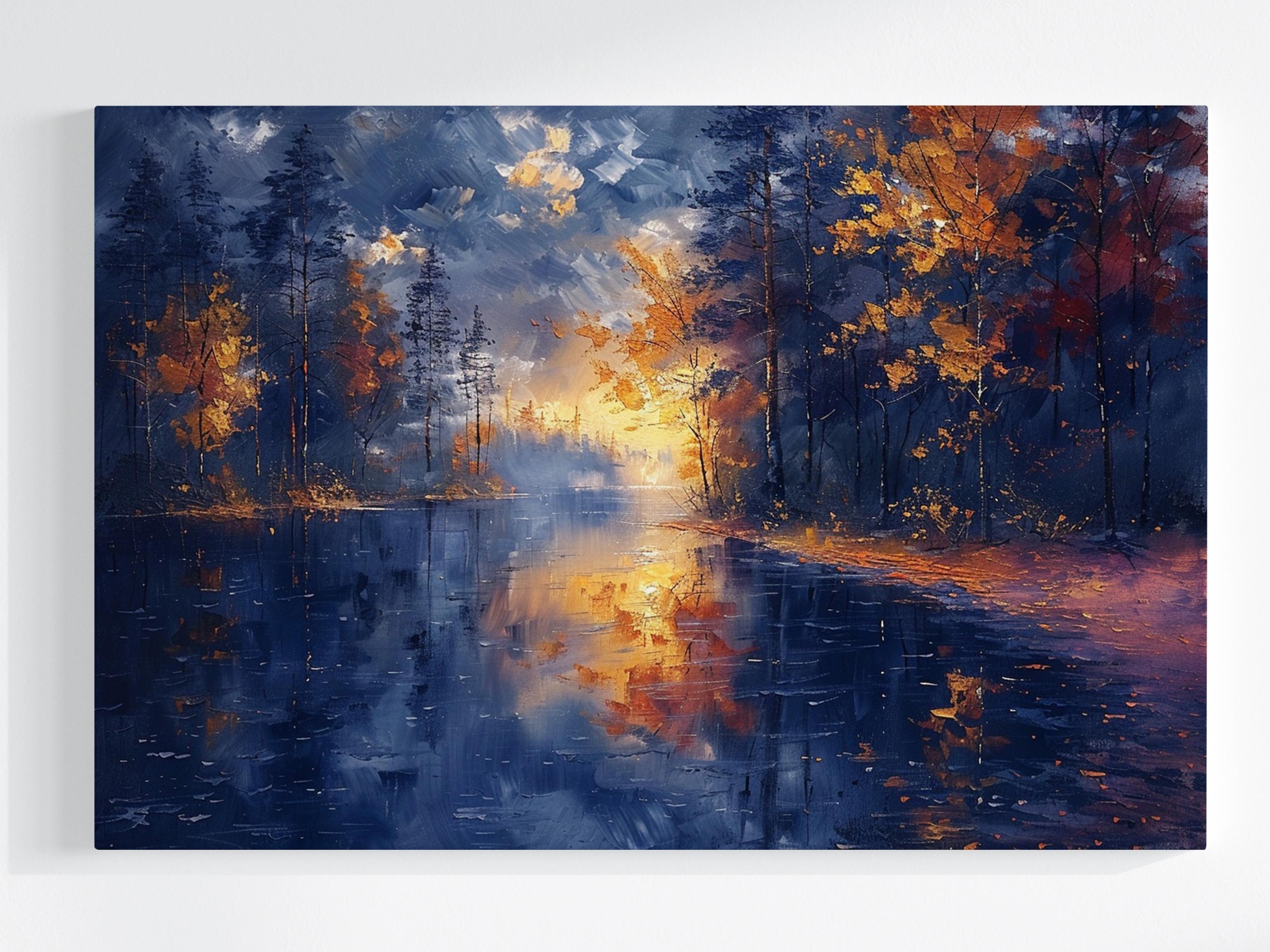 Obraz Na Plátně Canvas Les Stromy Jezero Odraz Podzim Slunce 120x80