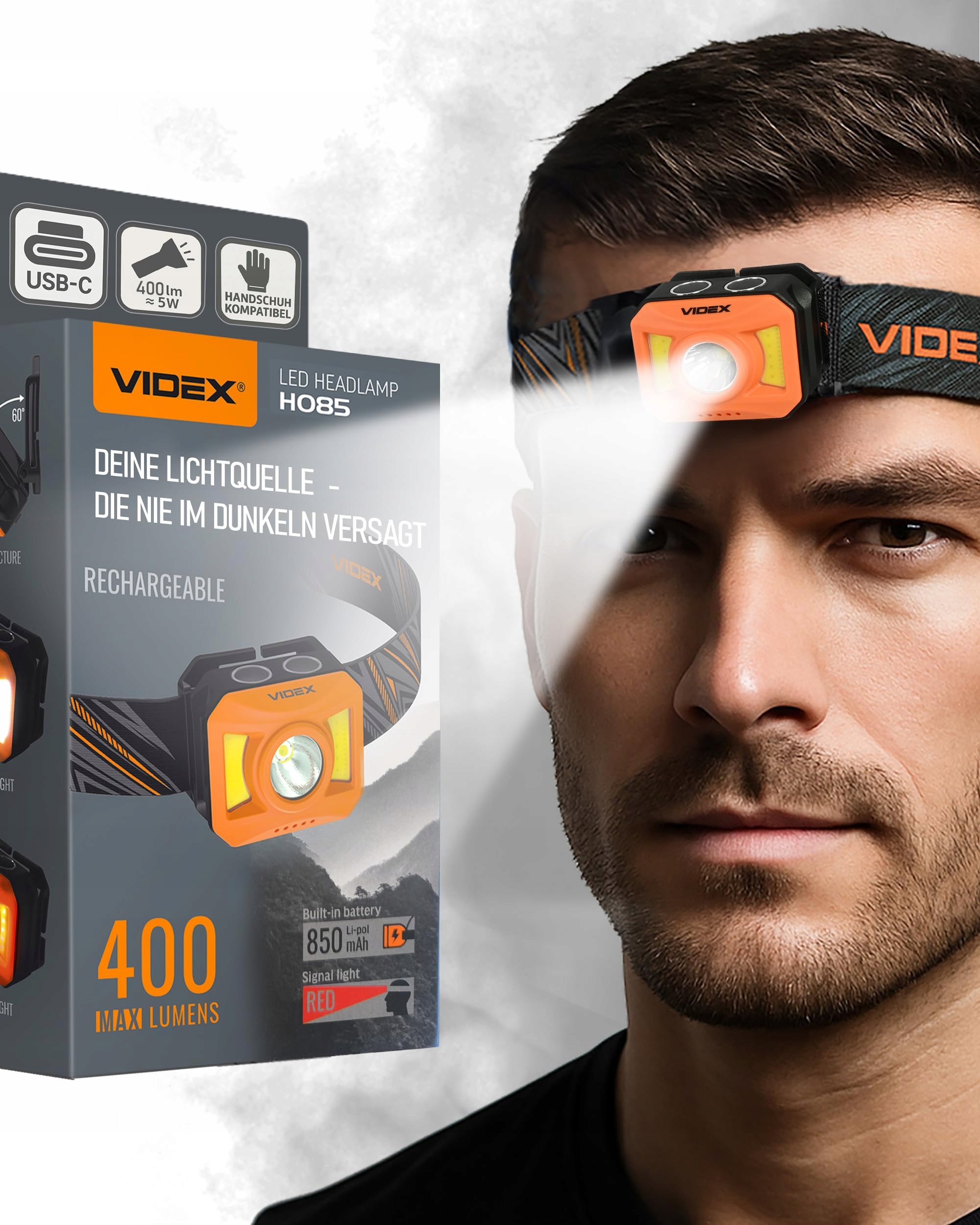 VIDEX Latarka Czołowa LED USB C Akumulator Czerwone Światło Do Biegania — miniatura 8