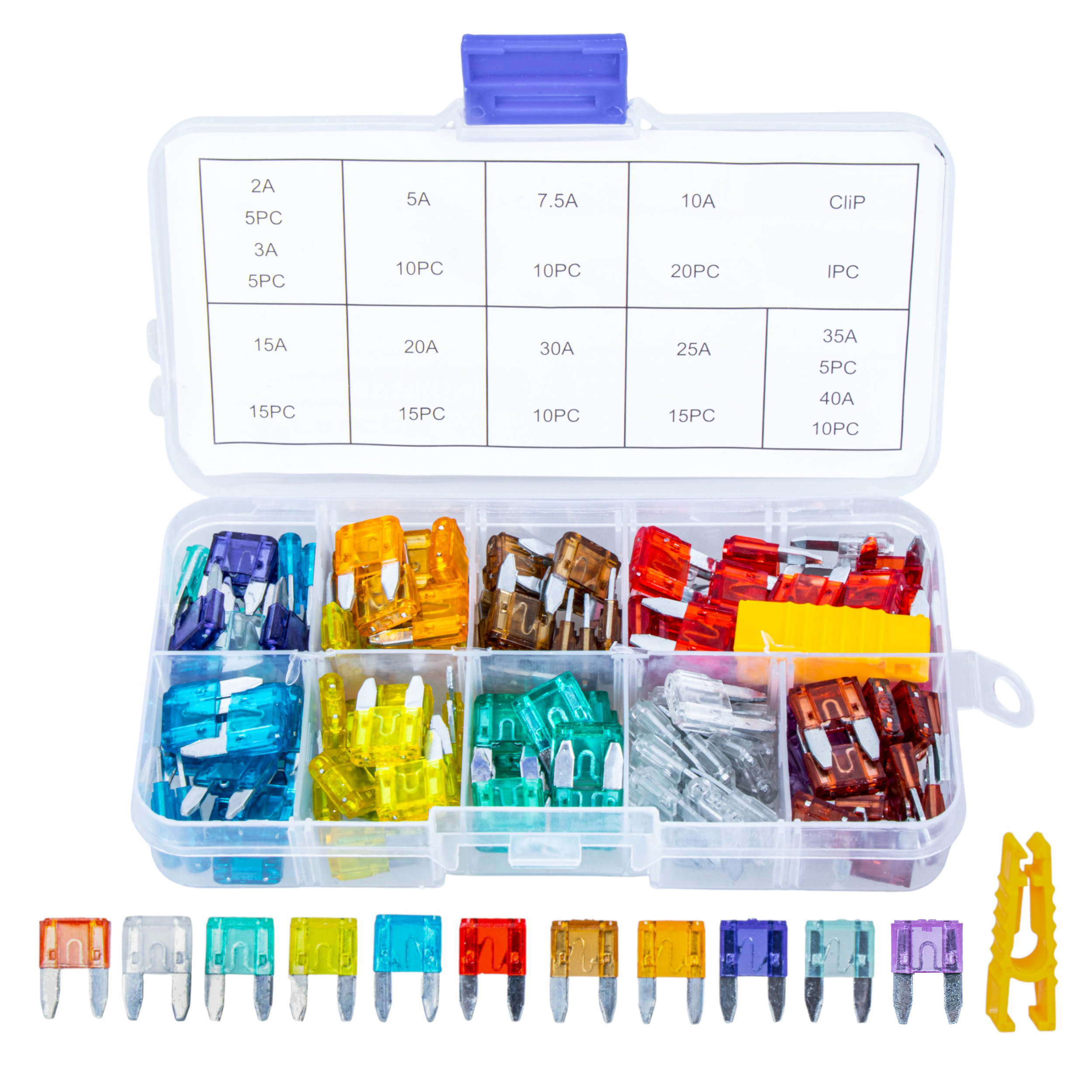 Bezpieczniki samochodowe mini zestaw 120szt. 2A-40A organizer klips