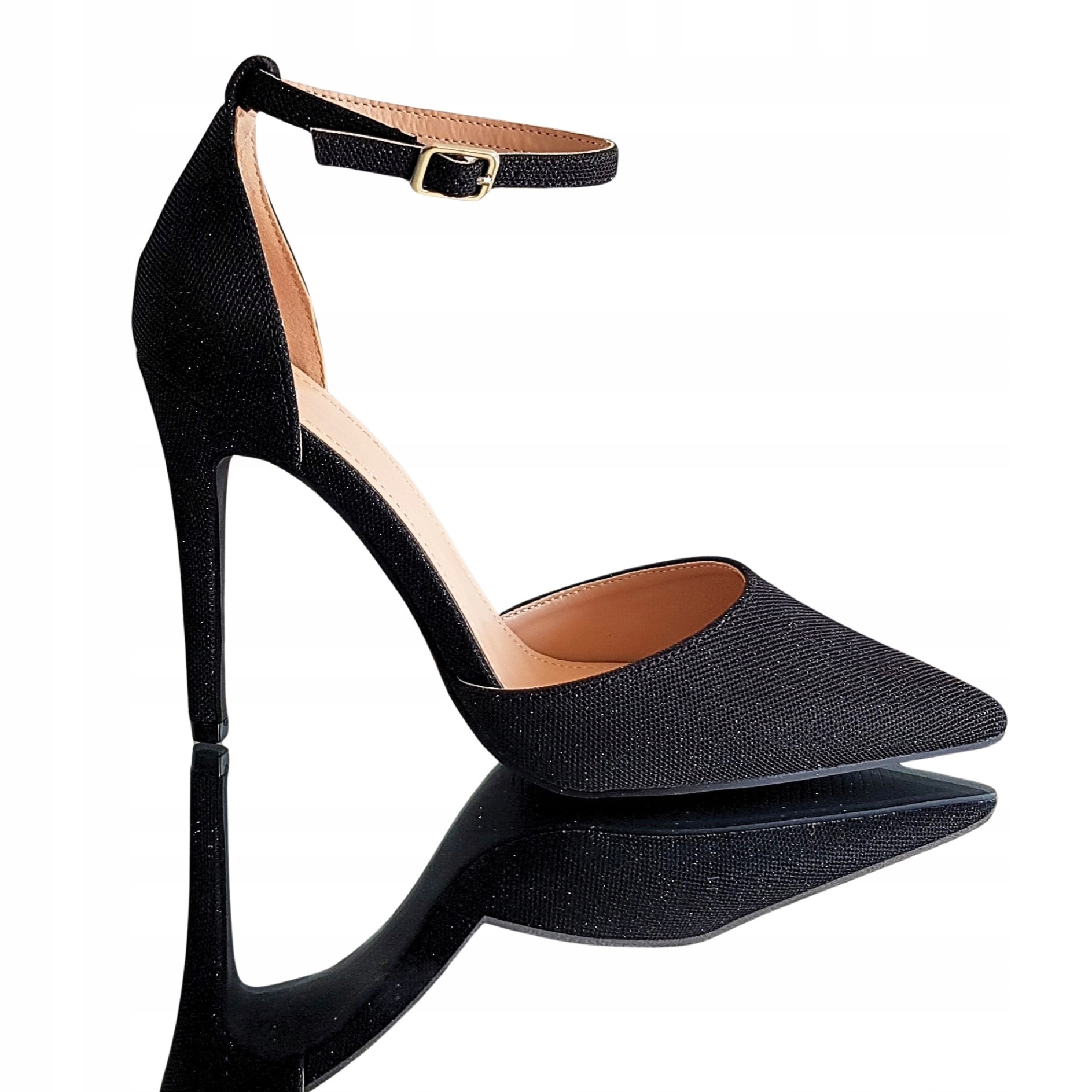 Czarne Buty Czółenka Brokatowe Szpilki Z Paseczkiem W Kostce 40