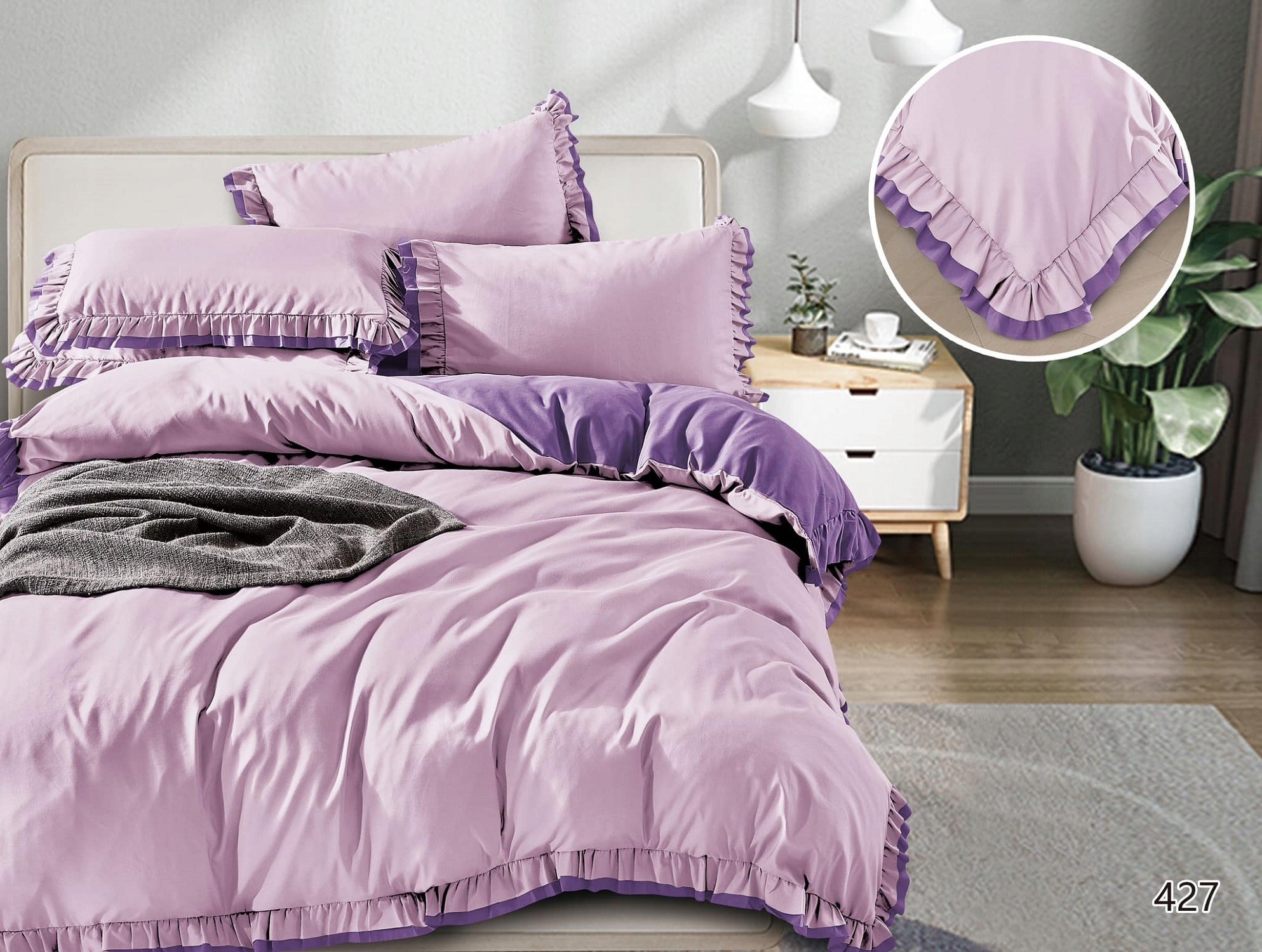Pościel Z Dwukolorową Falbanką Satyna Bawełniana 160x200 Fioletowa