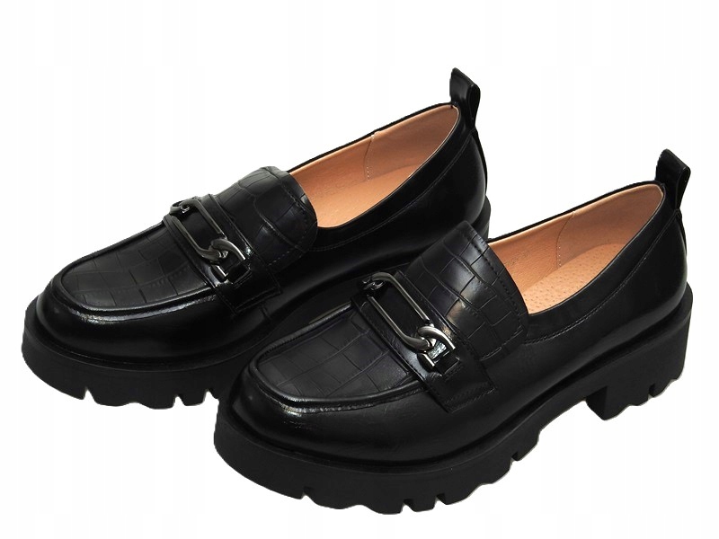 Czarne półbuty mokasyny na platformie Black r.41 Kolor czarny