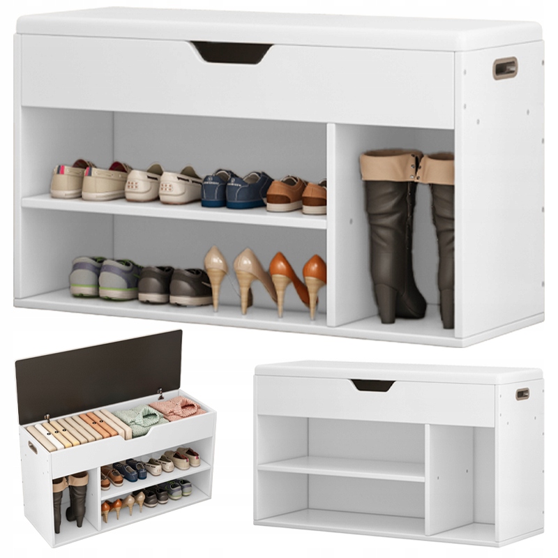Skrinka Na Topánky S Dreveným Sedadlom, Úložný Priestor, 3 Police, Otvárateľná, Biela, 80 CM