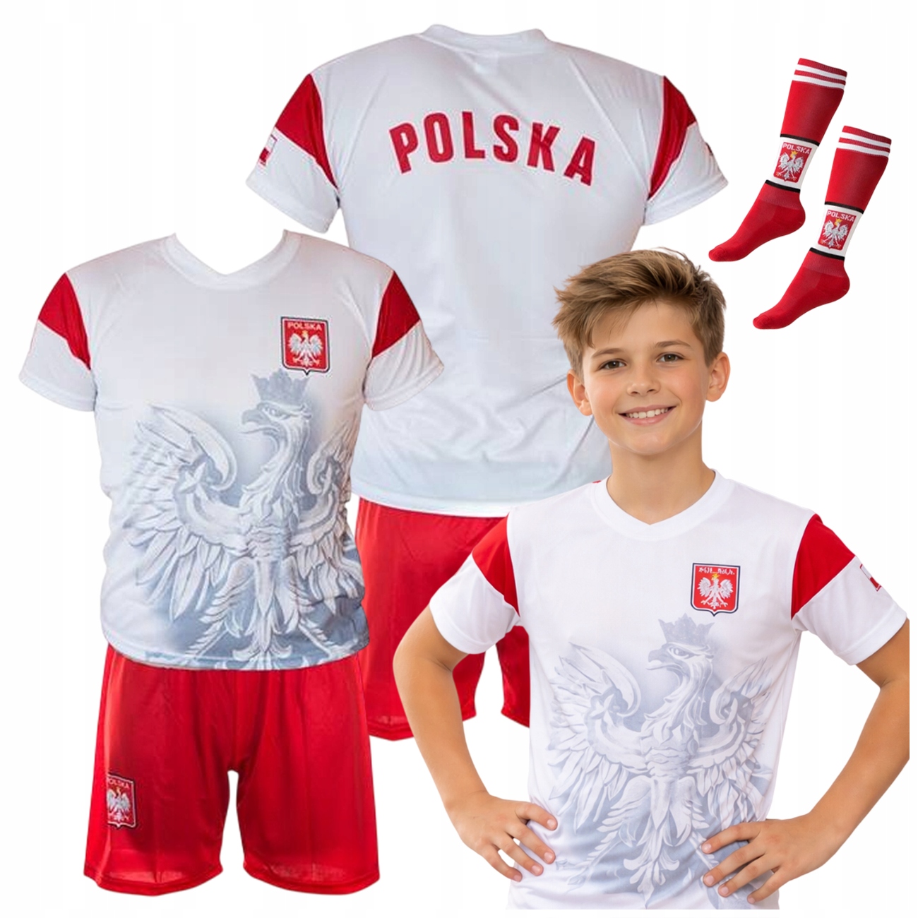 Polsko 116 Sportovní Fotbalové Oblečení Komplet Tričko Kraťasy Štulpny Trénink
