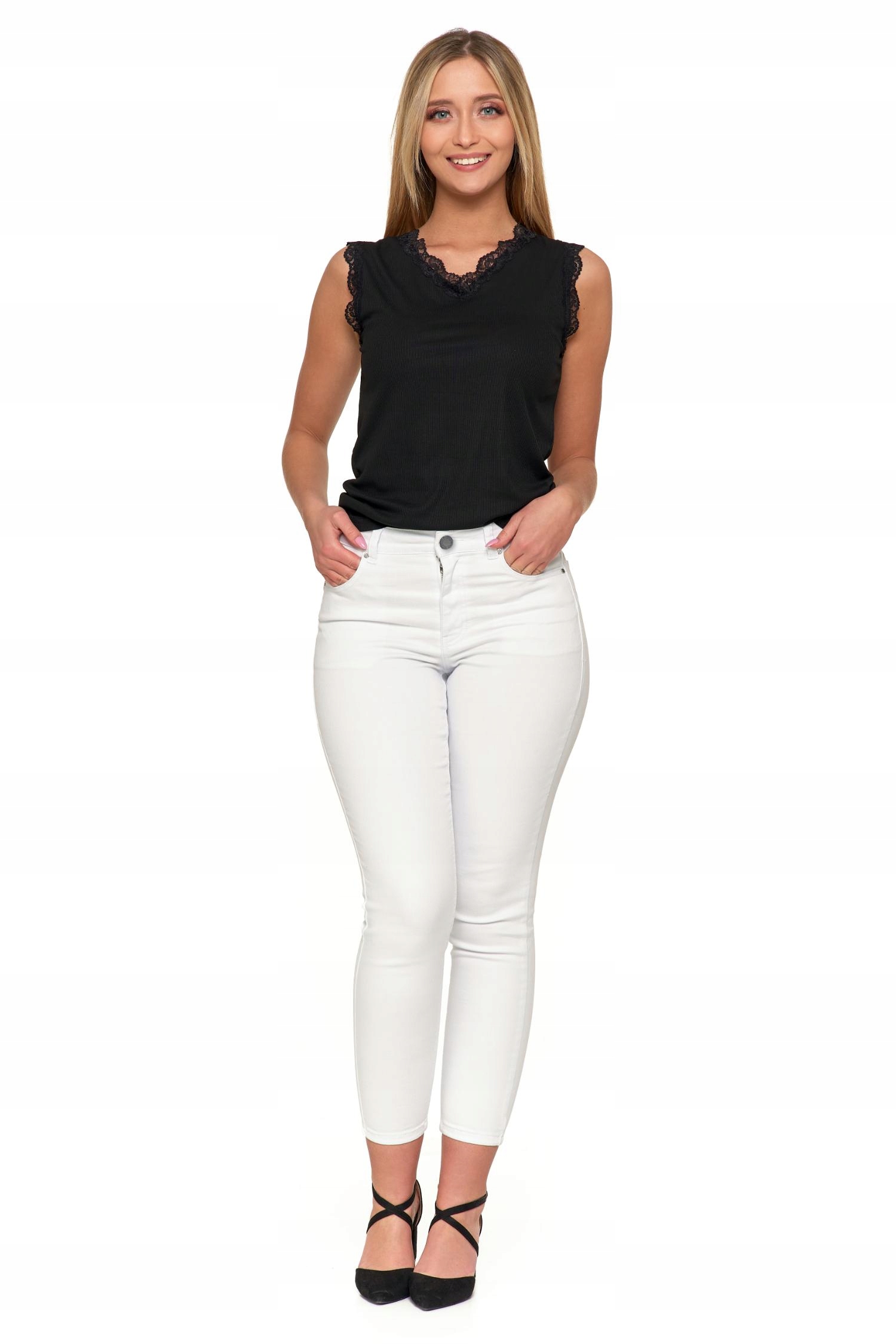 SPODNIE JEANSOWE BIAŁE Damskie Skinny Rurki Wysoki Stan Wygodne MORAJ XXL Model OSD5000-004