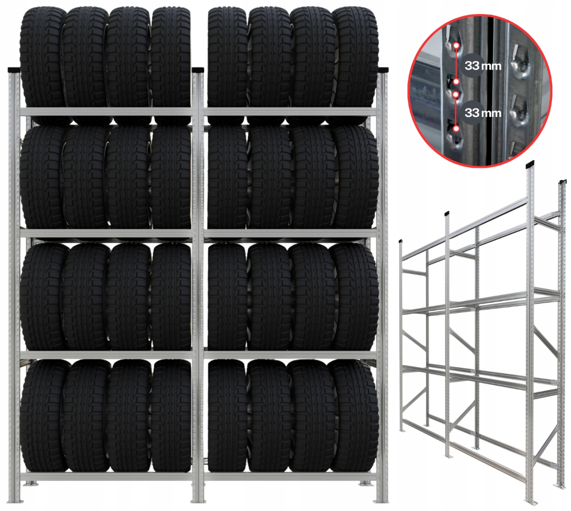 Regał stojak na opony koła 32szt. do 195mm PROFESJONALNY ZESTAW 2x16szt