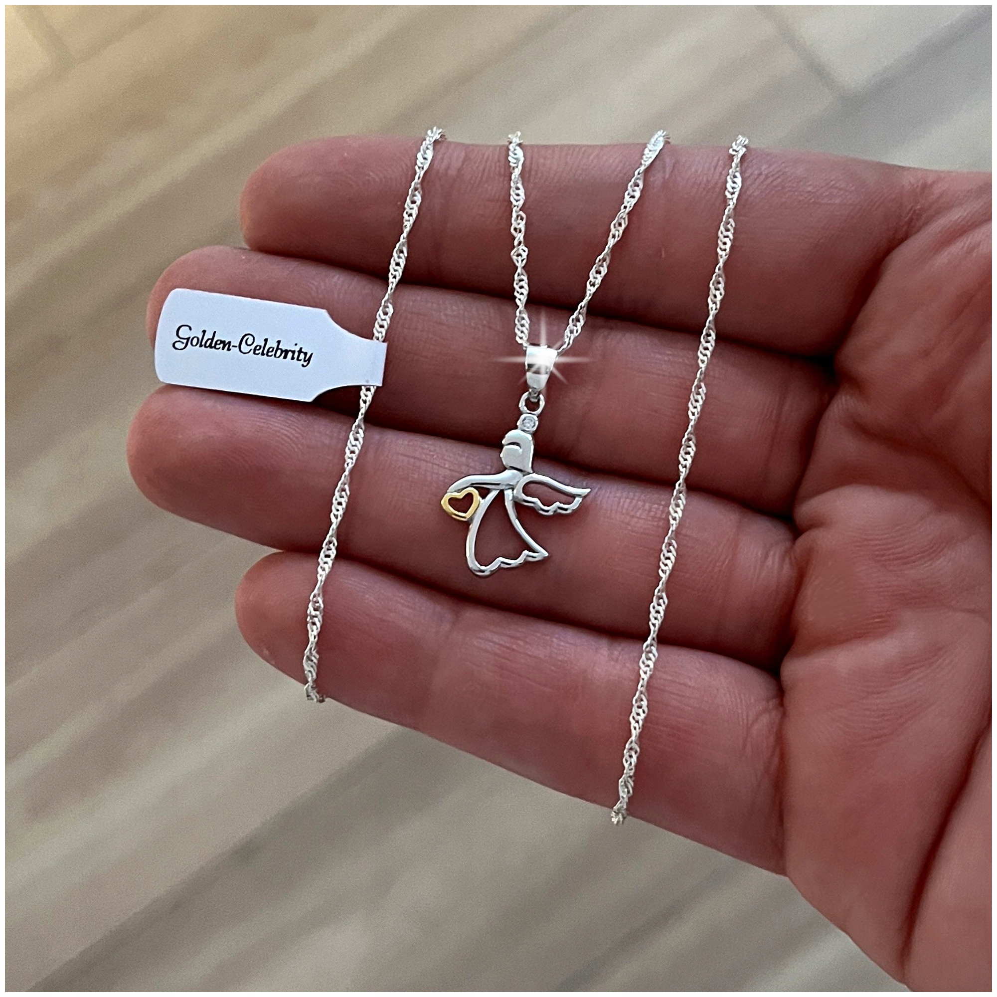 SREBRNY NASZYJNIK ŁAŃCUSZEK ANIOŁEK DLA DZIEWCZYNKI KOMUNIA CHRZEST ROCZEK Marka Golden Celebrity