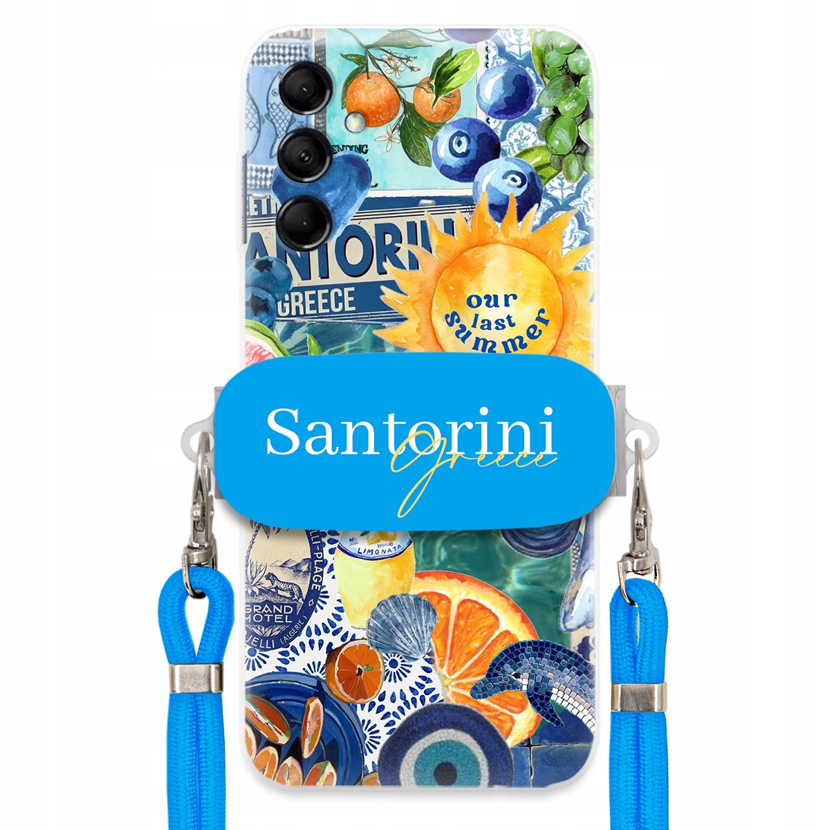 Puzdro pre Samsung M14 5G Modré Crossbody vodítko držiak Santorini Greece