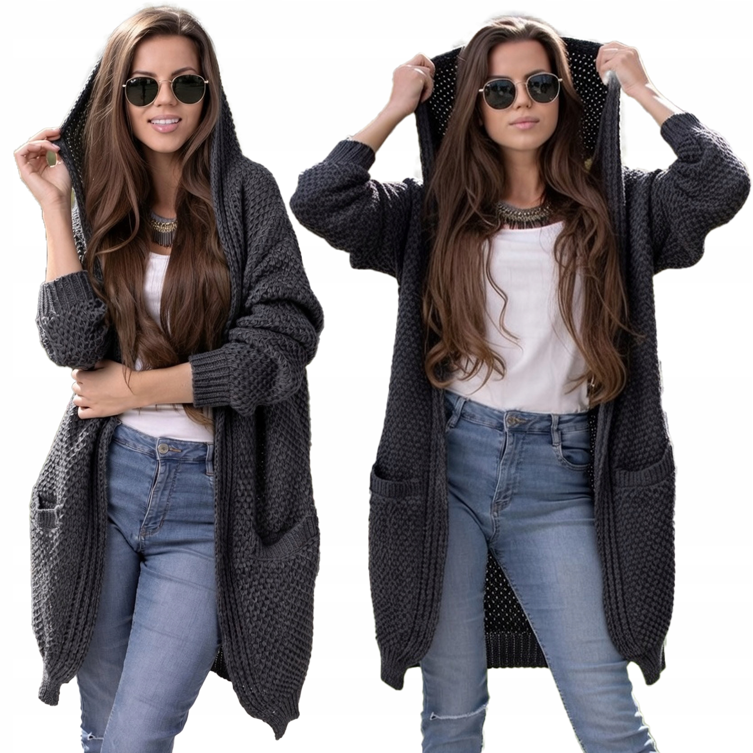 Flora Polský milý teplý svetr Kardigan s kapucí a kapsami L/XL