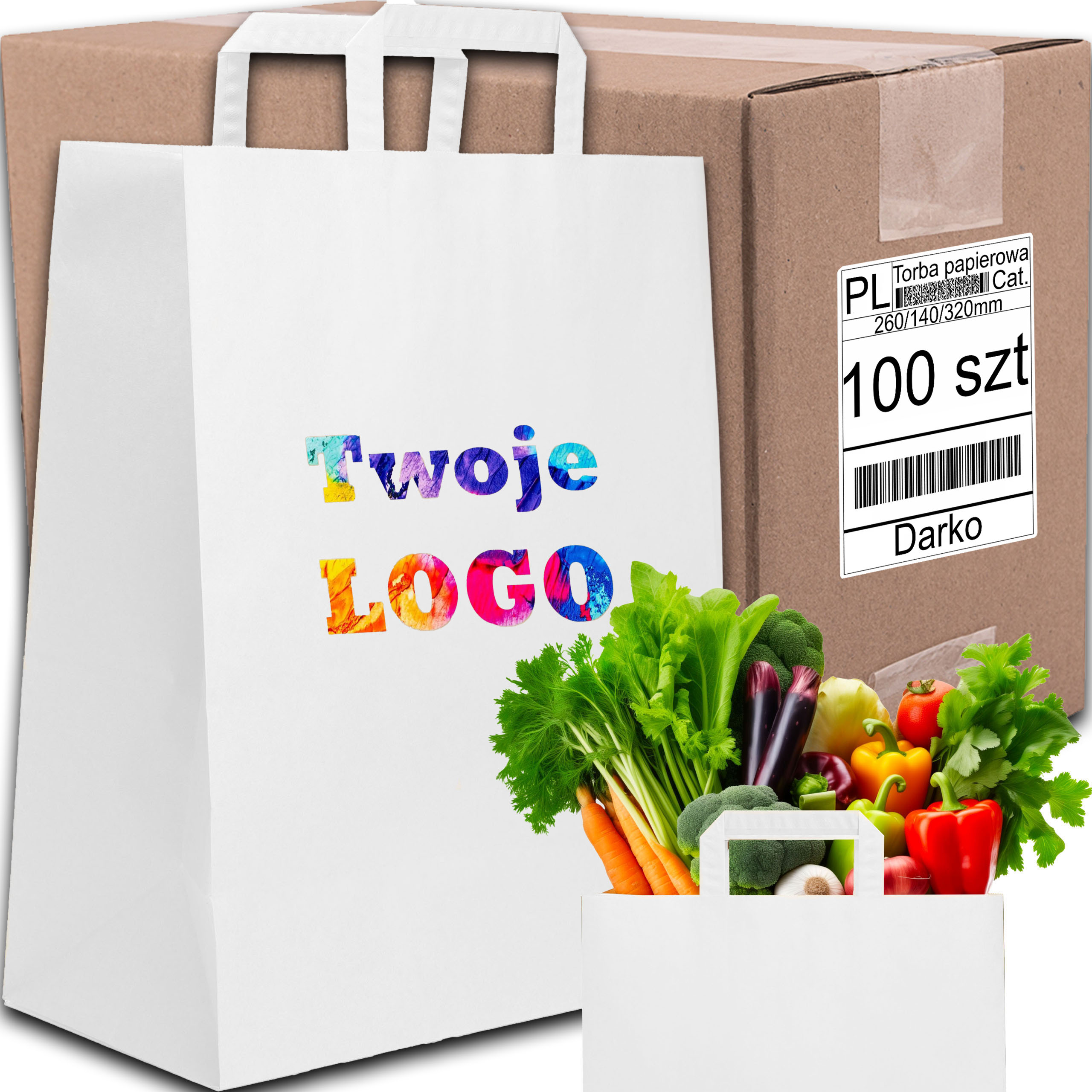 TORBA PAPIEROWA CATERINGOWA BIAŁA 260/140/320mm 26/14/32cm 100SZT +NADRUK