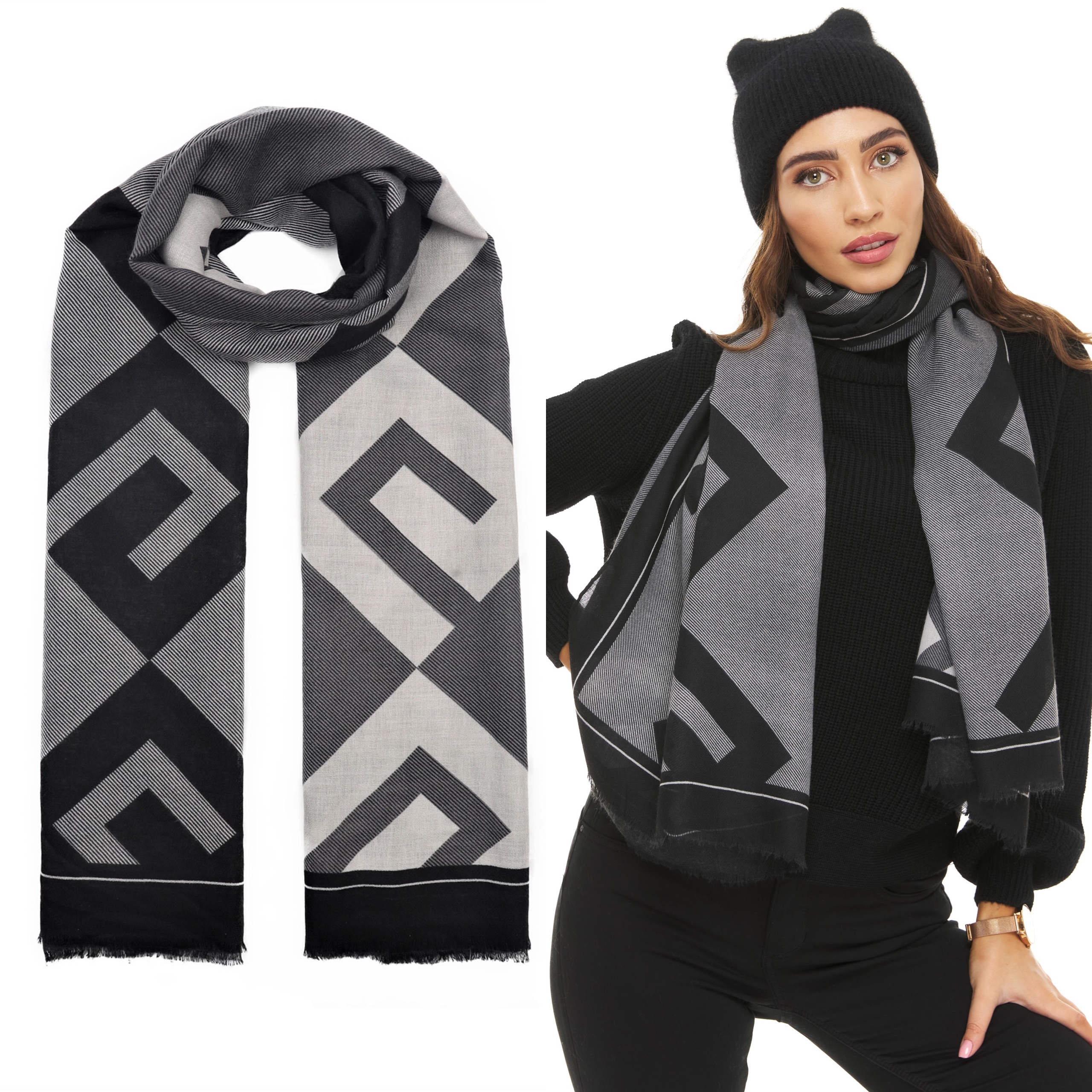 SZAL SZALIK azteckie wzory grafit biel czerń