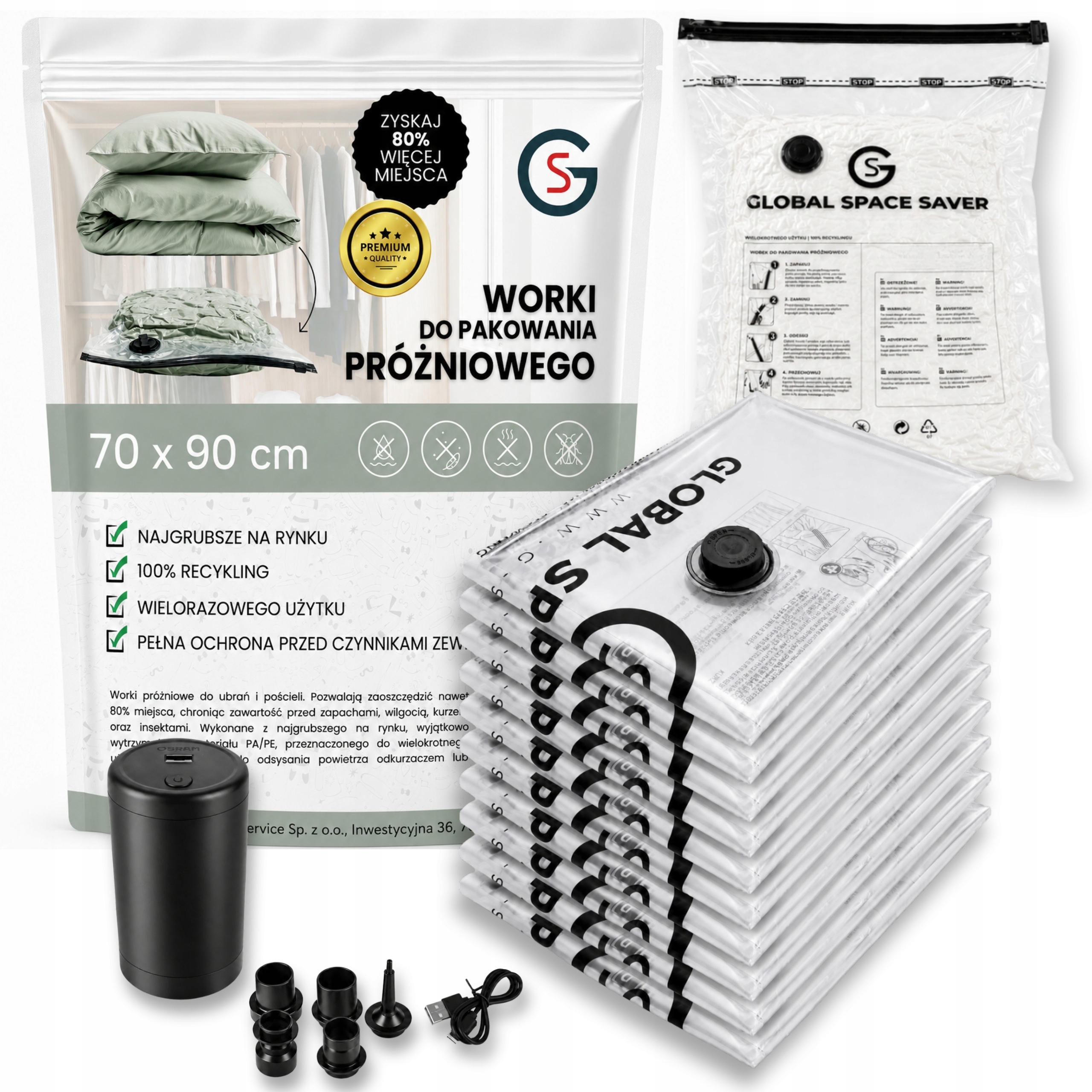Gs Worki próżniowe 70x90 10szt. pompka Usb na ubrania pościel do walizki