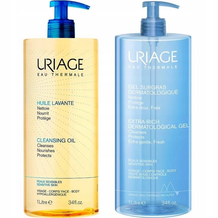 Zestaw Uriage Olejek Do Mycia Ciała Huile Nawilżający+Żel Do Twarzy 1L