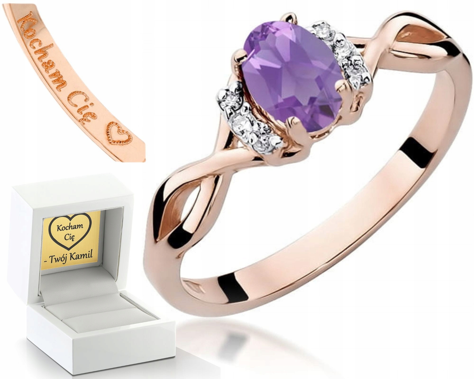Zásnubní Prstýnek S Ametystem, Růžové Zlato Gravírování Bonus , Dárek 585
