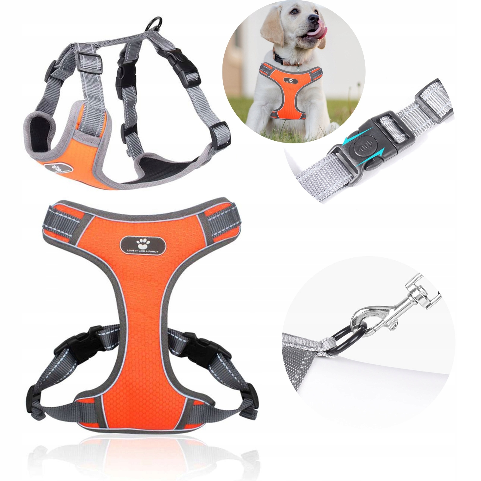 Levně Postroj pro psa, reflexní, nastavitelný, oranžový, OxfordSBR, na chůzi nebo běh, velikost M