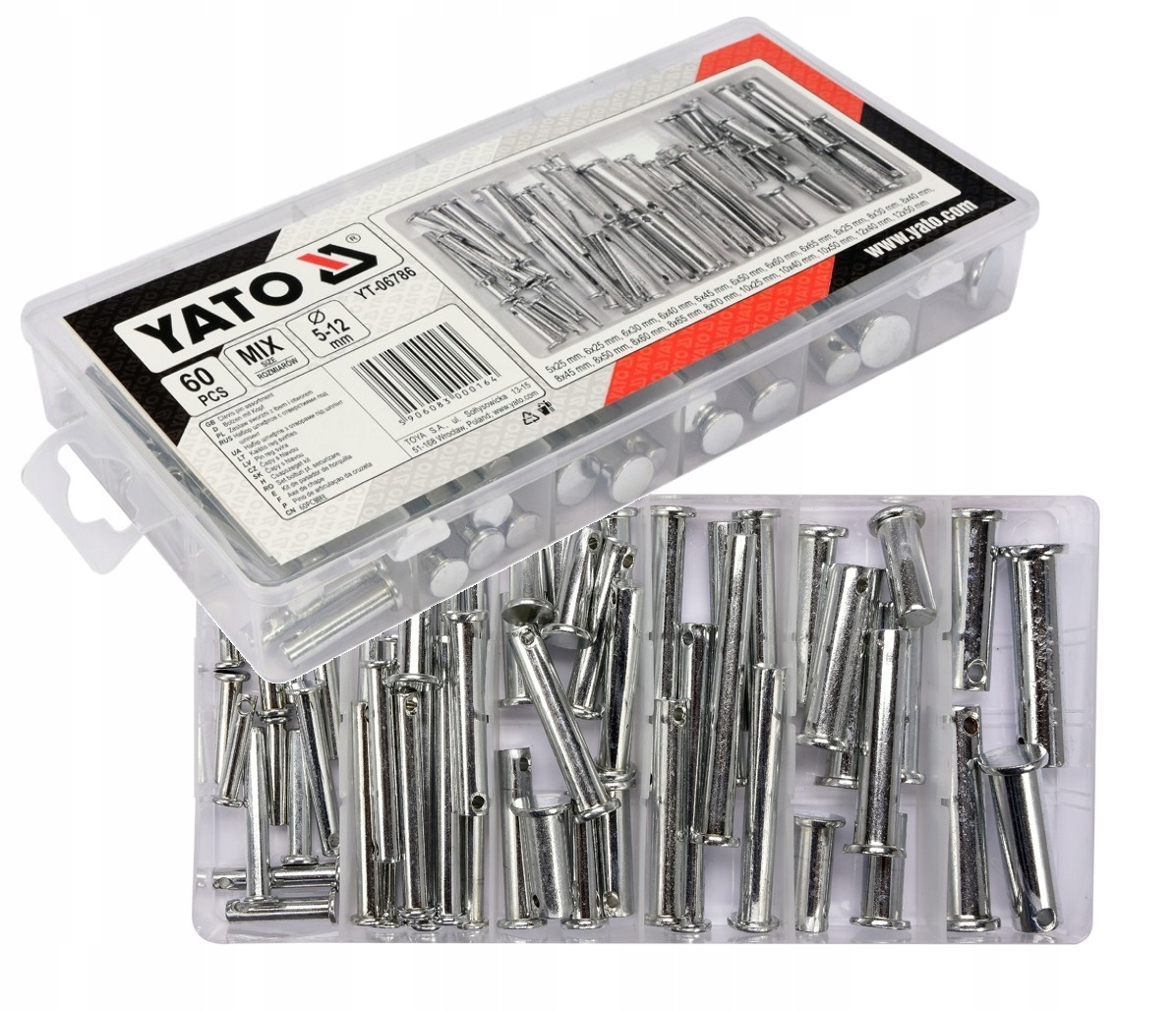 ШТИФТЫ С ГОЛОВКОЙ И ОТВЕРСТИЕМ MIX 60ШТ. ЯТО YT-06786