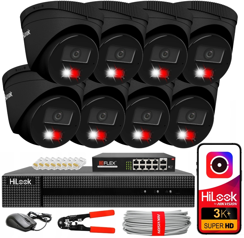 Sada pro monitorování Ip 8 kamer 6MPx Black HiLook Hikvision Aplikace Poe