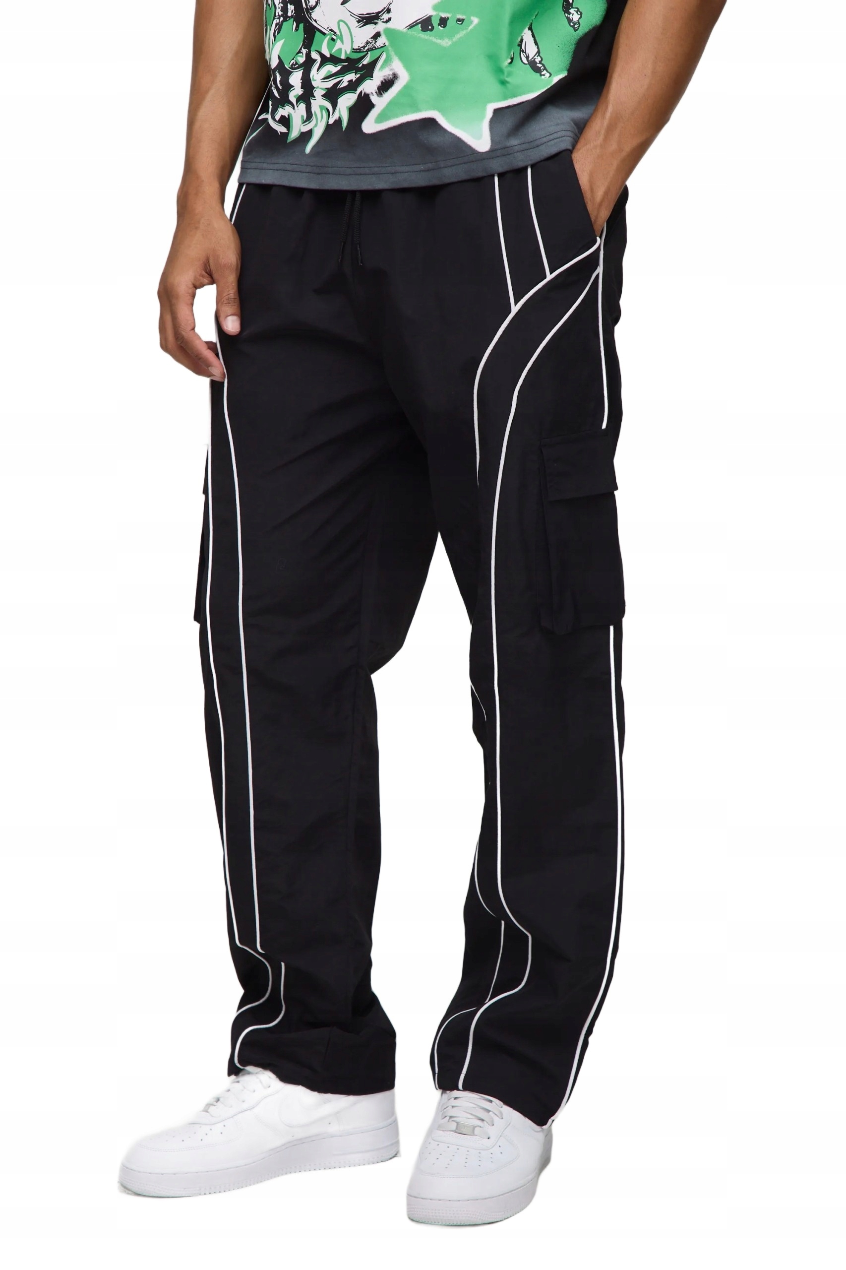 Boohooman Černé Pánské Ležérní Kalhoty S Bílými Lampasy L Z3A